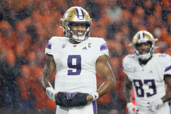 Nov 18, 2023; Corvallis, Oregon, USA; Washington Huskies quarterback Michael Penix Jr. (9) looks on during the first half against the Oregon State Beavers at Reser Stadium. Mandatory Credit: Soobum Im-USA TODAY Sports